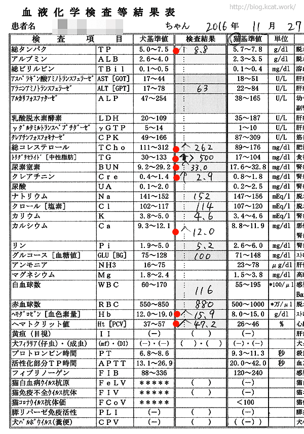 シロの血液検査結果 2016/11/27