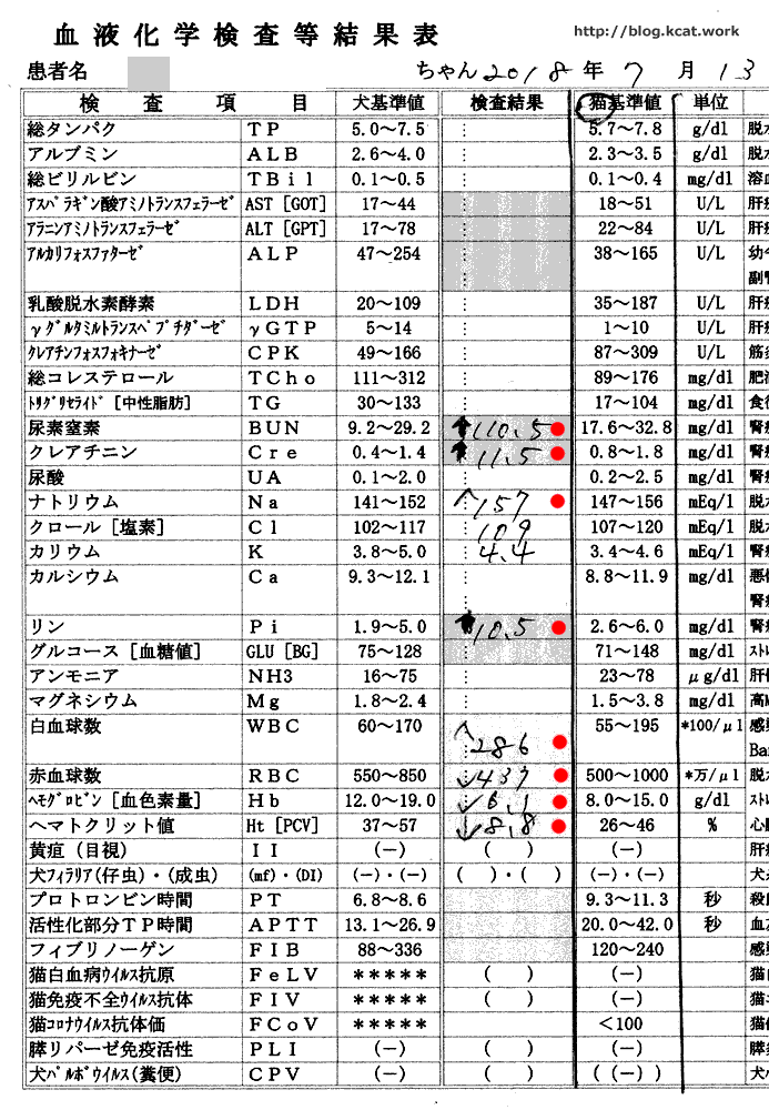 フク血液検査結果2018/7/13