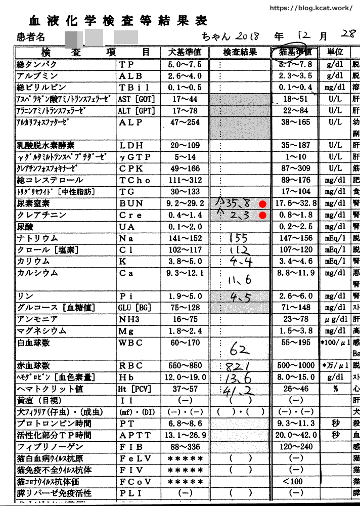 クロの血液検査結果 2018/12/28