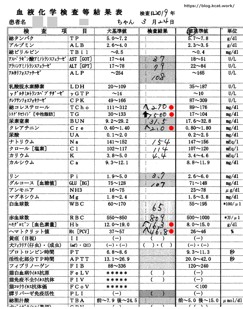 シロの血液検査結果 2019/3/24