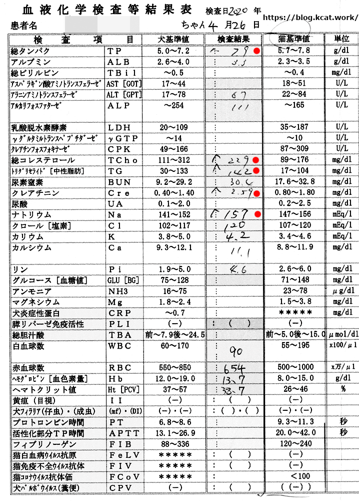 シロの血液検査結果 2020/4/26